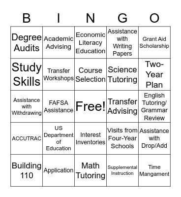 Student Support Services BINGO Card