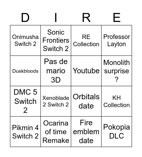 NINTENDO DIRECT Bingo Card