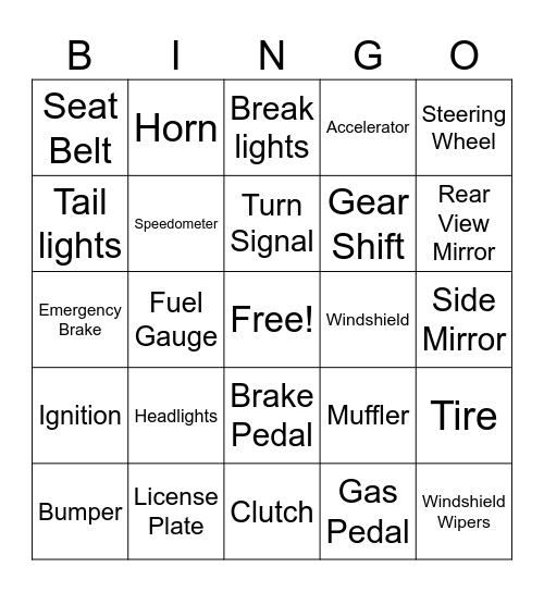 Car Parts Bingo Card