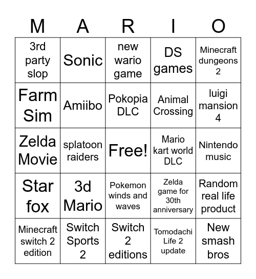 NINTENDO DIRECT 6.9.2026 Bingo Card