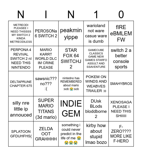 NINTENDO DIRECY NVBINBO Bingo Card
