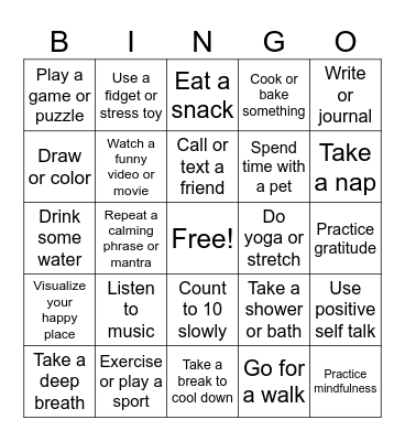 Coping Skills Bingo Card