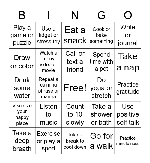 Coping Skills Bingo Card