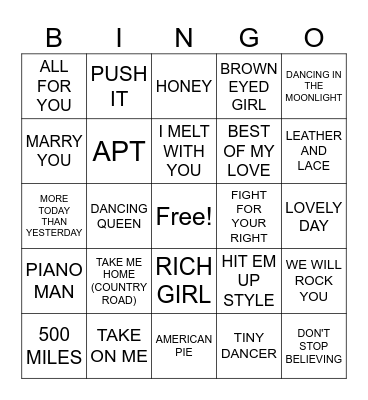 SING ALONG Bingo Card