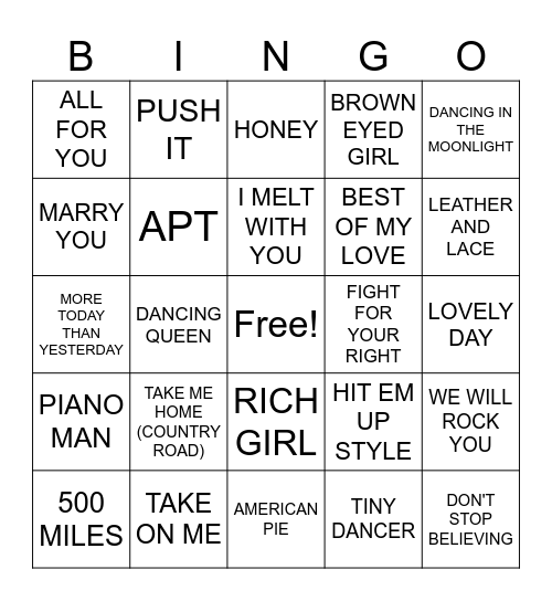 SING ALONG Bingo Card