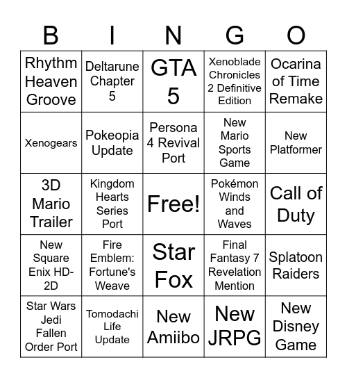 Nintendo Direct June 2026 Bingo Card