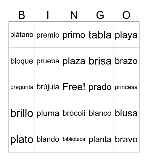 Sílabas trabadas Bingo Card
