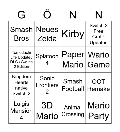 Nintendo Direct 09.06.2026 Bingo Card