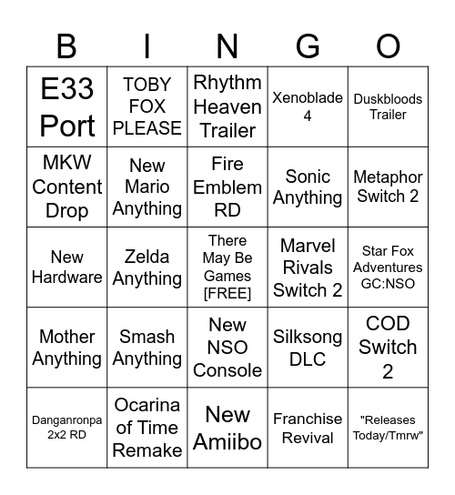 Nintendo Direct - June 2026 Bingo Card