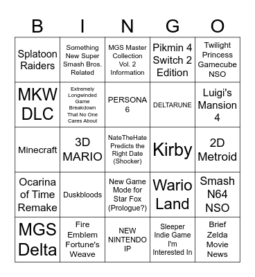 Nintendo Direct Predictions Bingo Card