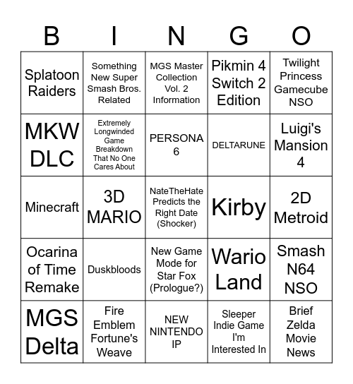 Nintendo Direct Predictions Bingo Card