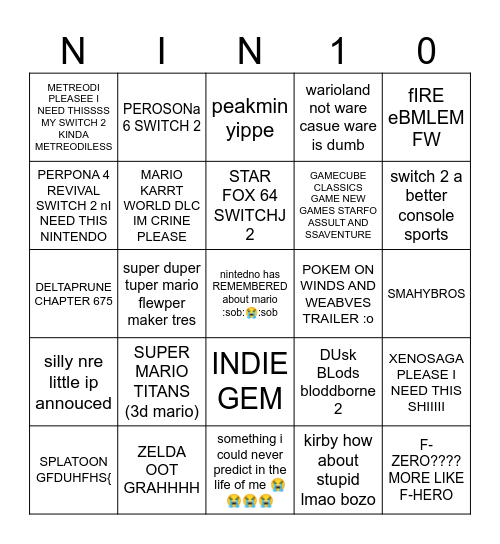 NINTENDO DIRECY NVBINBO Bingo Card