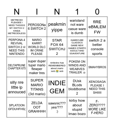 NINTENDO DIRECY NVBINBO Bingo Card