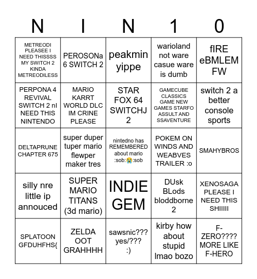NINTENDO DIRECY NVBINBO Bingo Card
