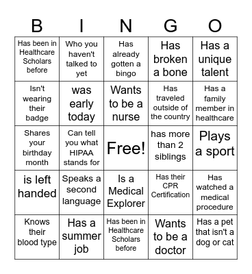 Healthcare Scholars Bingo Card