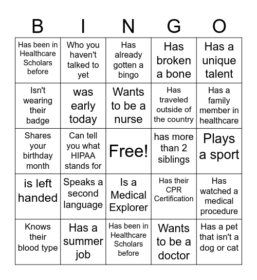 Healthcare Scholars Bingo Card