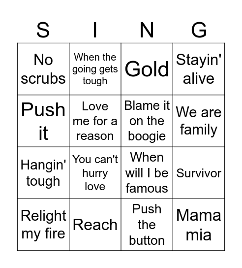 Boy and Girl band Bingo Card