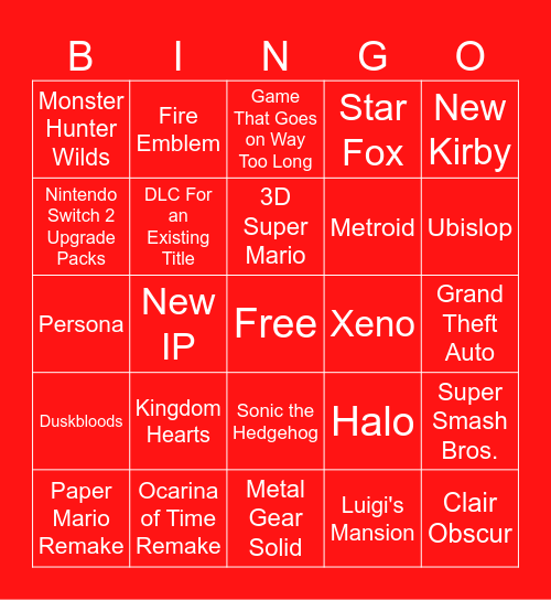 Nintendo Direct Bingo Card
