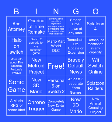 June 2026 Nintendo Direct Bingo Card