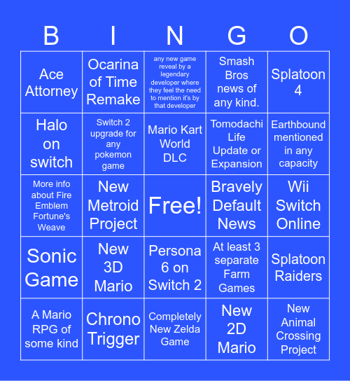 June 2026 Nintendo Direct Bingo Card