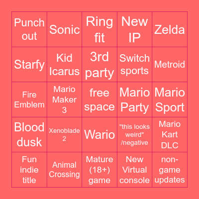 Nintendo Directile Dysfunction bingo Card