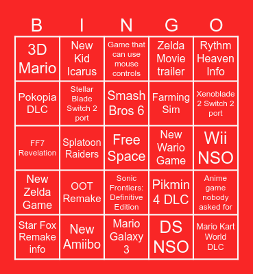 Nintendo Direct Bingo Card