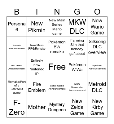 nintendo direct Bingo Card