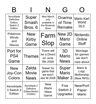 Nintendo Direct Bingo Card