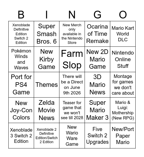 Nintendo Direct Bingo Card