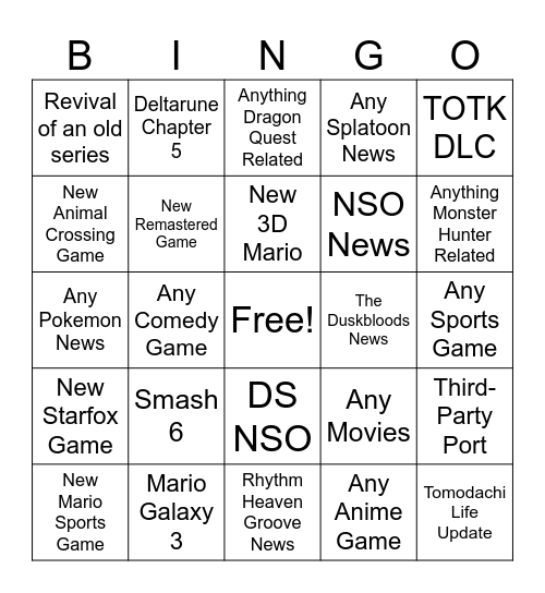 Nintendo Direct 6/9 Bingo Card