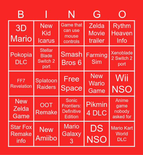 Nintendo Direct Bingo Card