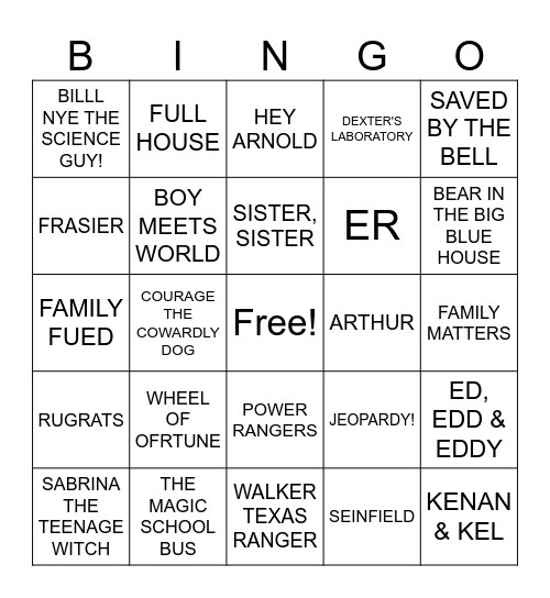 90s TV SHOWS Bingo Card