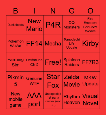 Nintendo Direct Bingo Card
