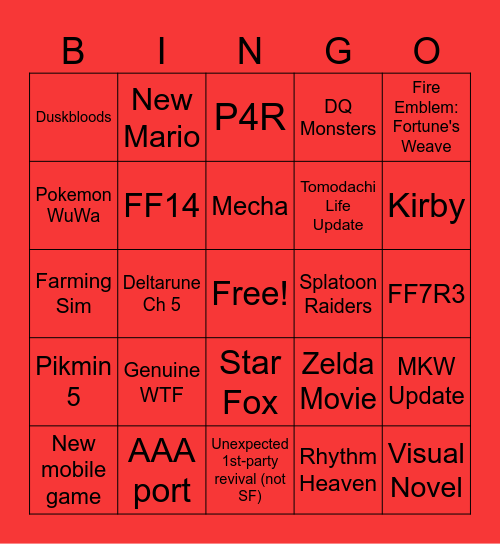 Nintendo Direct Bingo Card