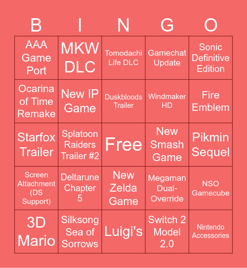 Nintendo Direct 2026 Bingo Card