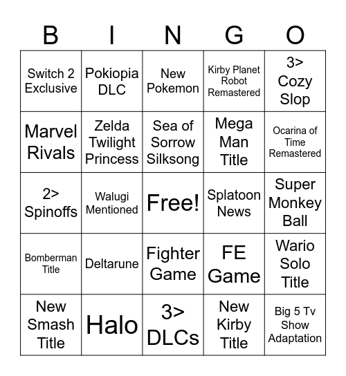 Nintendo Direct Bingo Card