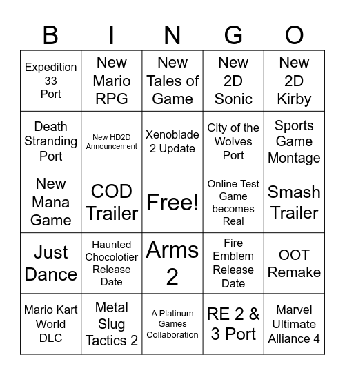 Nintendo Direct Bingo Card