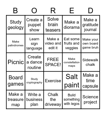 Mom, I'm Bored BINGO Card