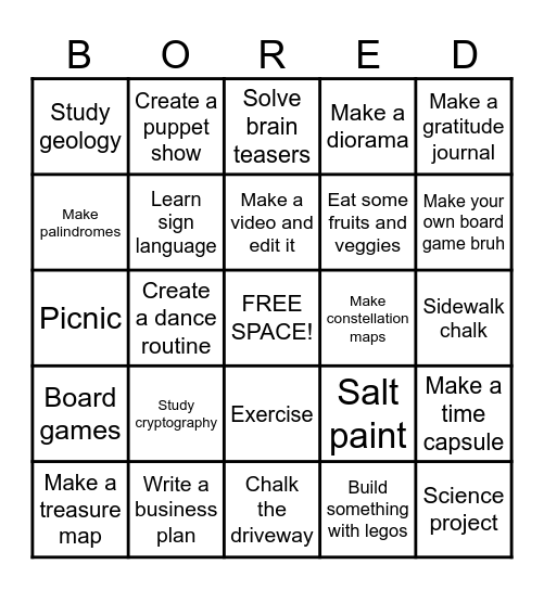 Mom, I'm Bored BINGO Card