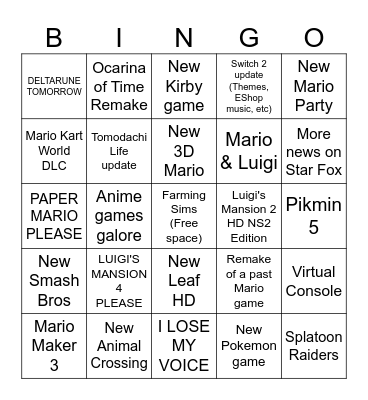 6/9/26 Nintendo Direct Bingo Card