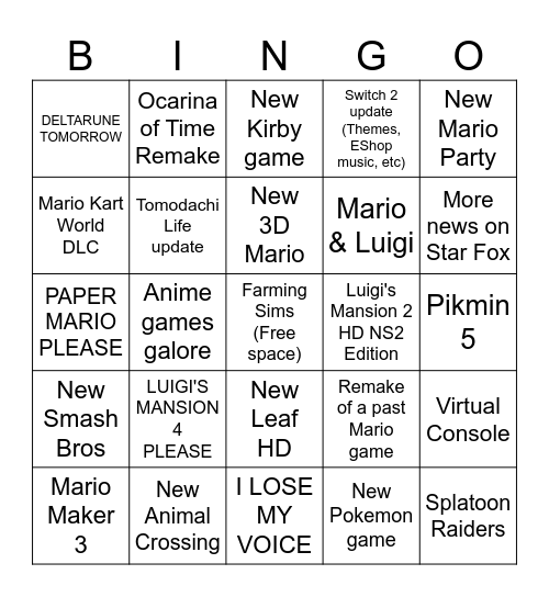6/9/26 Nintendo Direct Bingo Card