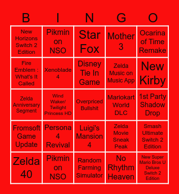 Nintendo Direct Bingo Card
