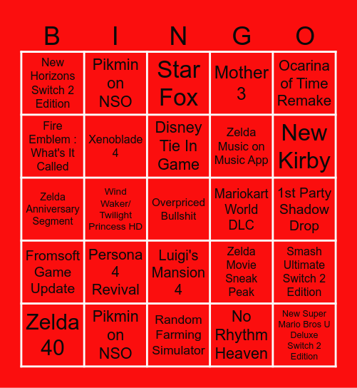 Nintendo Direct Bingo Card