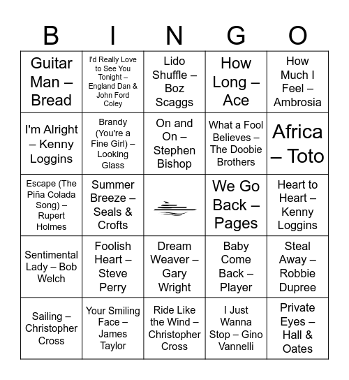 Yacht Rock Bingo Card