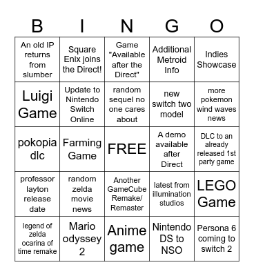 Nintendo Direct 9/7/2026 Bingo Card