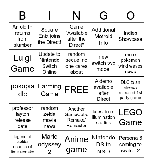 Nintendo Direct 9/7/2026 Bingo Card