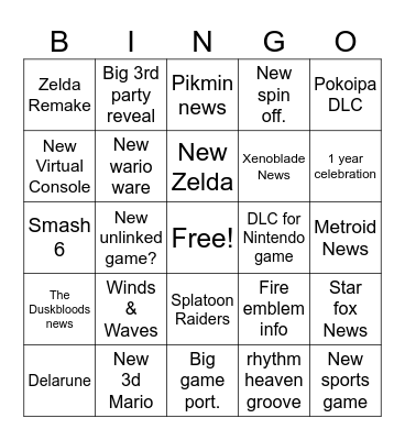 Nintendo Direct Bingo Card