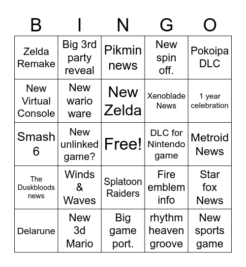 Nintendo Direct Bingo Card