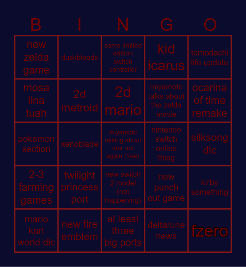 nintendo direct june 9th of 2026 Bingo Card