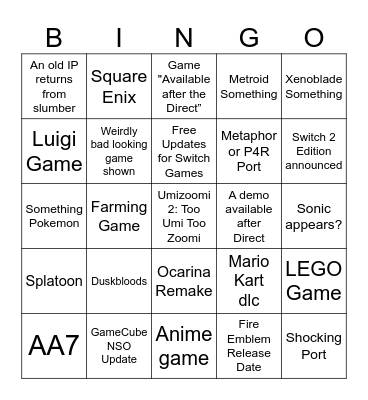 Nintendo Direct 6.09.2026 Bingo Card